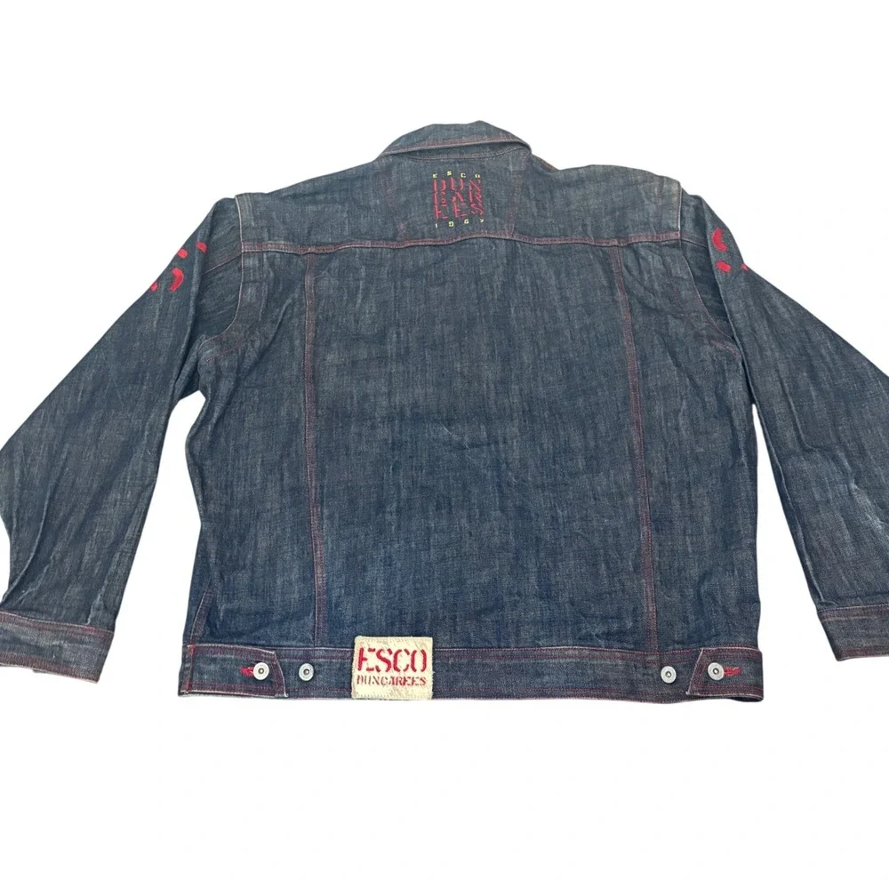 Y2K Esco Dungarees Mens Indigo Denim Jacket XXL Red Contrast Stitch Embroidered
